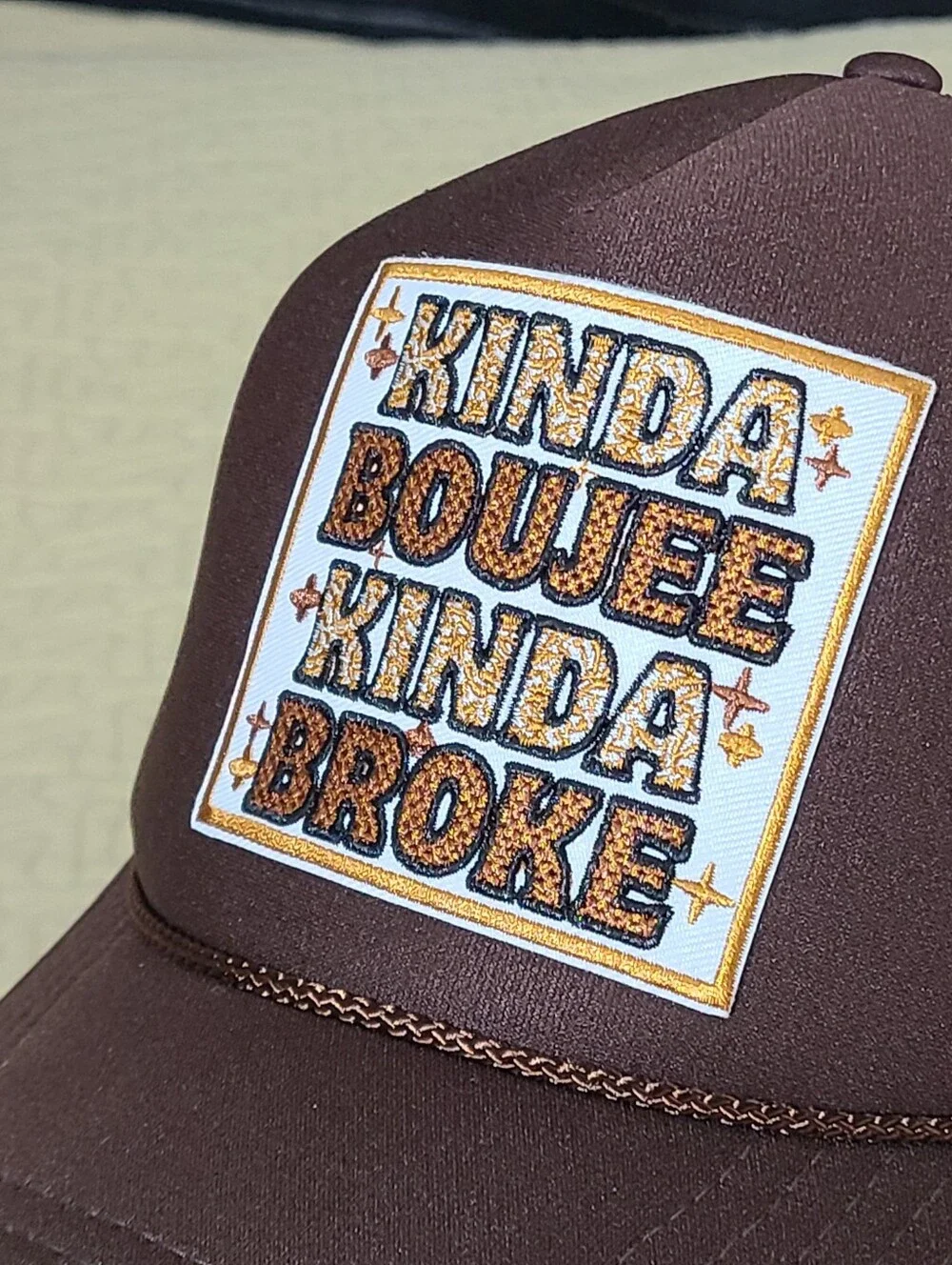 Kinda Boujee Kinda Broke logo patch trucker snapback hat